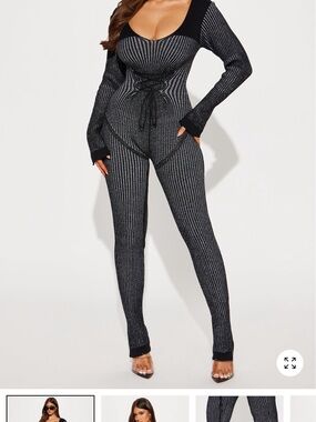 Fashion Nova Black Ribbed Scoop-Neck Metallic Jumpsuit